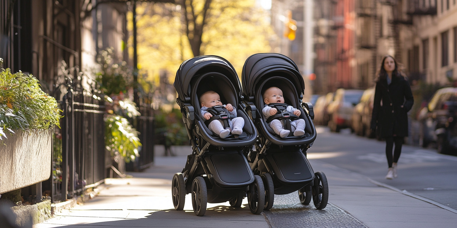 Side-by-side double stroller with one infant seat attached; doorway-width comparison; car seat properly secured; harness adjusted
